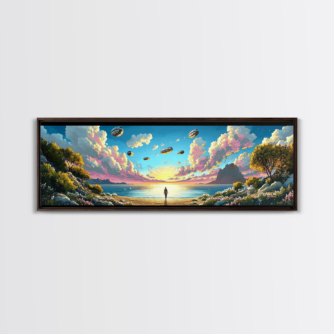 Alien Airships Above Flowered Coast, Lone Figure By Blue Sea, Whimsical Sci Fi Wall Art, Coastal Framed Canvas Print, Home Decor