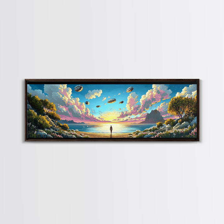 Alien Airships Above Flowered Coast, Lone Figure By Blue Sea, Whimsical Sci Fi Wall Art, Coastal Framed Canvas Print, Home Decor