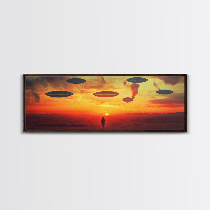 UFO Fleet Over Red Desert Sunset, Lone Traveler In Dystopian Landscape, Sci Fi Wall Art, Futuristic Canvas Print, Space Decor