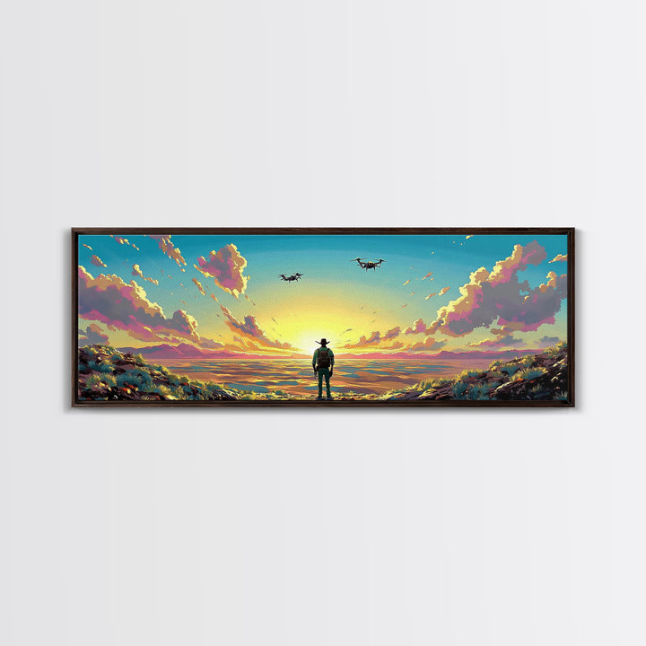 Cowboy Facing Drone Ships At Golden Sunrise, Pink Cloud Meadow Landscape Wall Art, Western Canvas Print, Futuristic Decor