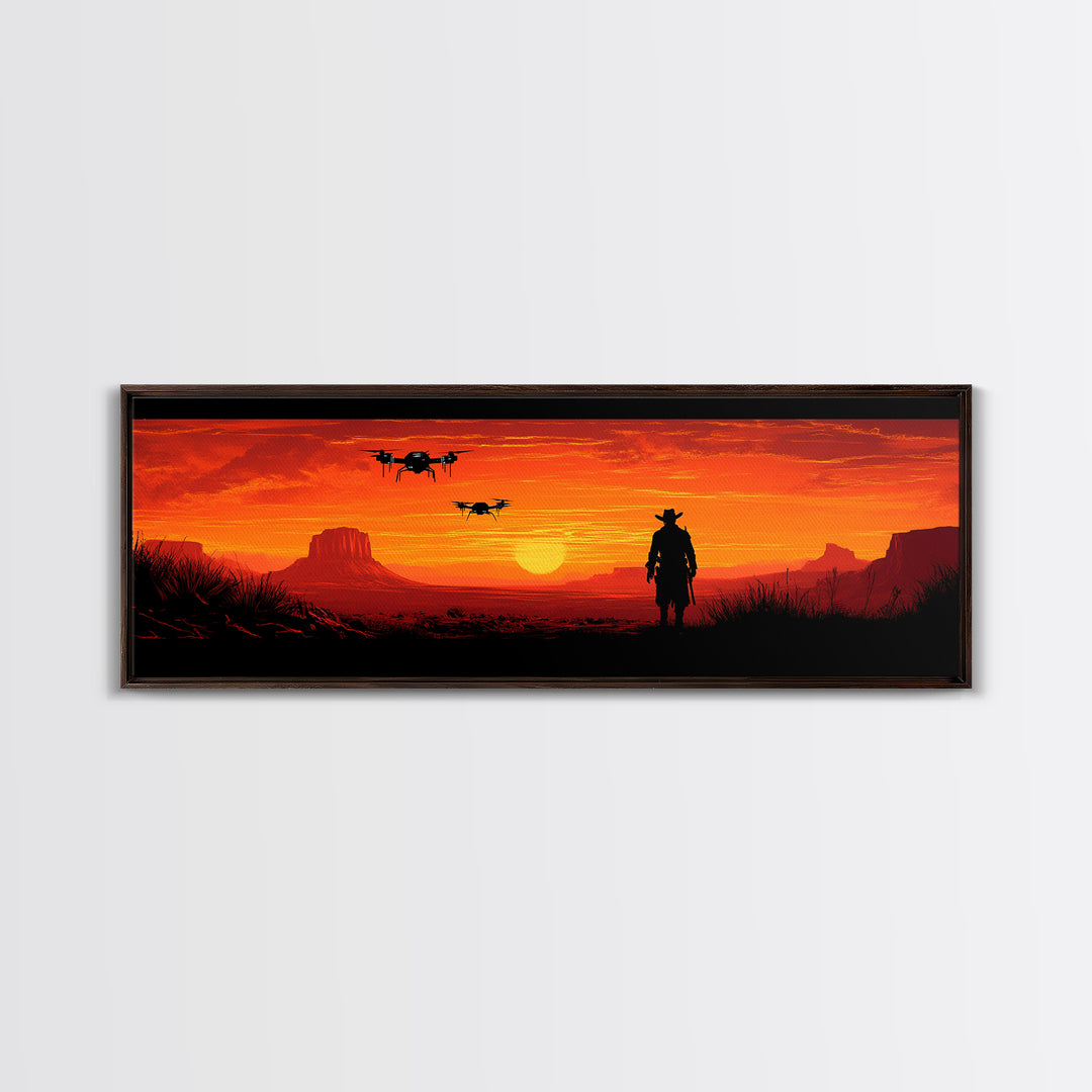 Silhouetted Cowboy With Drones At Orange Desert Sunset, Western Wall Art, Sci Fi Canvas Print, Man Cave Decor, Southwest Art