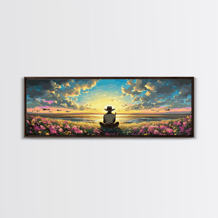 Seated Traveler In Flowered Meadow, Golden Sky Over Wide Valley, Peaceful Wall Art, Landscape Canvas Print, Cozy Home Decor
