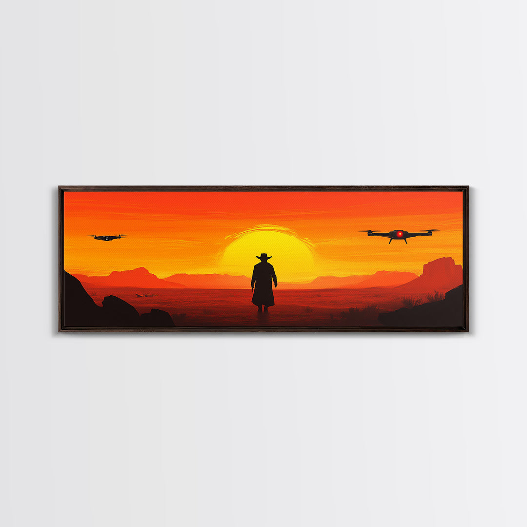 Lone Cowboy And Hovering Drones At Blazing Sun, Red Desert Western Wall Art, Sci Fi Canvas Print, Futuristic Home Decor, Desert Art