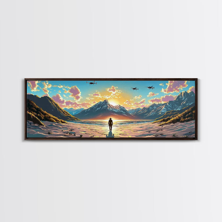 Snowy Alpine Sunset Explorer Wall Art, Panoramic Canvas Print, Mountain Landscape, Sci Fi Decor, Large Living Room Decor