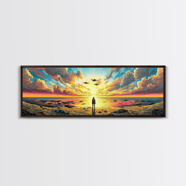 Radiant Ocean Sunset Explorer Wall Art, Panoramic Canvas Print, Coastal Seascape Art, Beach House Decor, Large Wall Decor