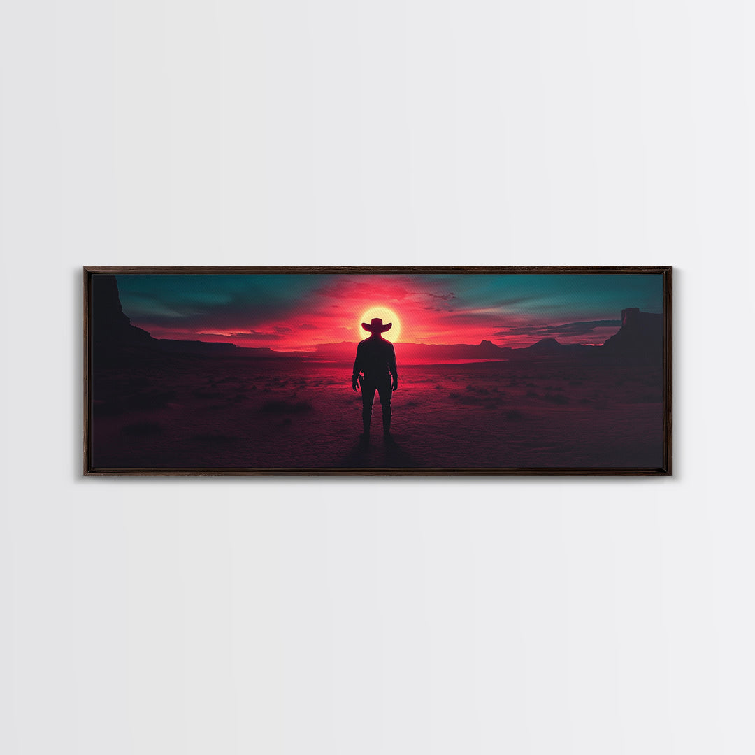 Crimson Desert Cowboy Silhouette Wall Art, Framed Canvas Print, Western Decor, Moody Landscape, Large Man Cave Wall Decor