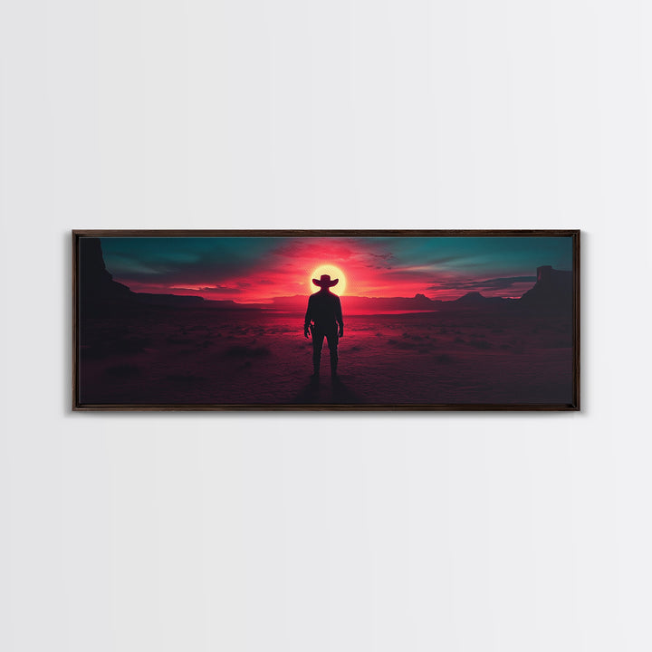 Crimson Desert Cowboy Silhouette Wall Art, Framed Canvas Print, Western Decor, Moody Landscape, Large Man Cave Wall Decor