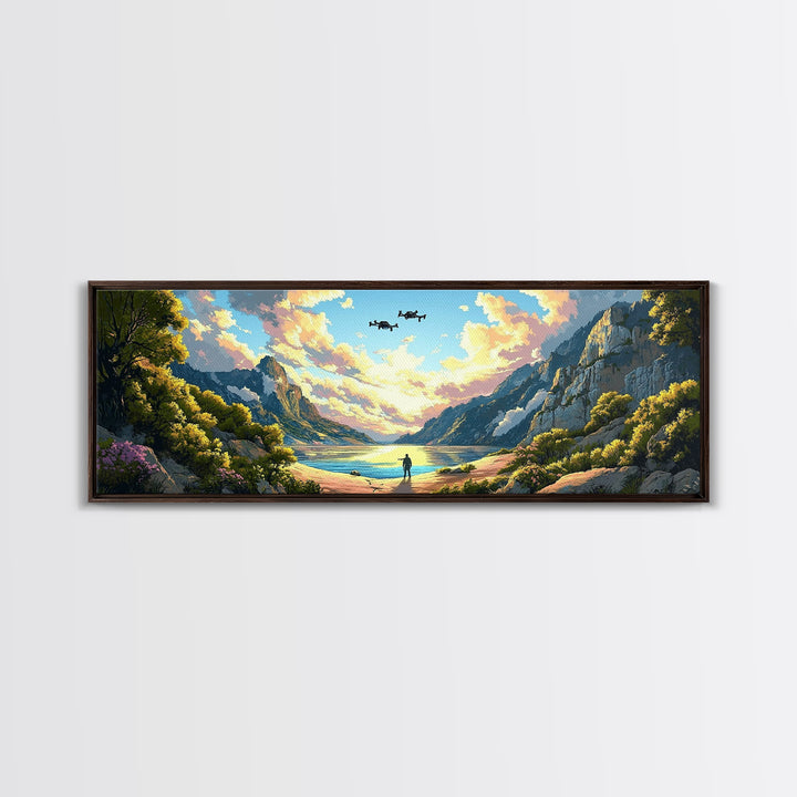 Verdant Mountain Lake Explorer Wall Art, Panoramic Canvas Print, Nature Landscape Art, Japandi Decor, Large Home Wall Decor