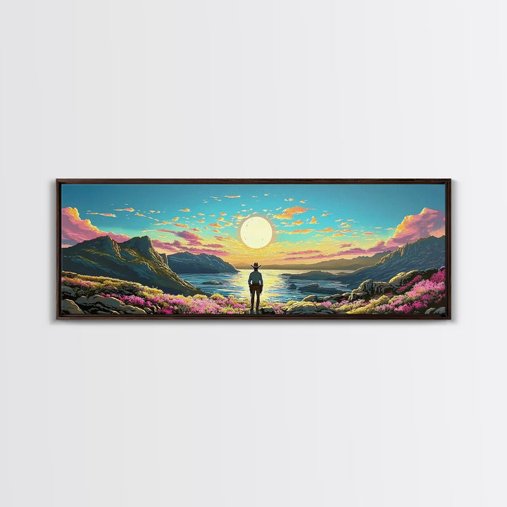 Full Moon Coastal Cowboy Wall Art, Panoramic Canvas Print, Ocean Landscape Art, Western Decor, Large Bedroom Wall Decor