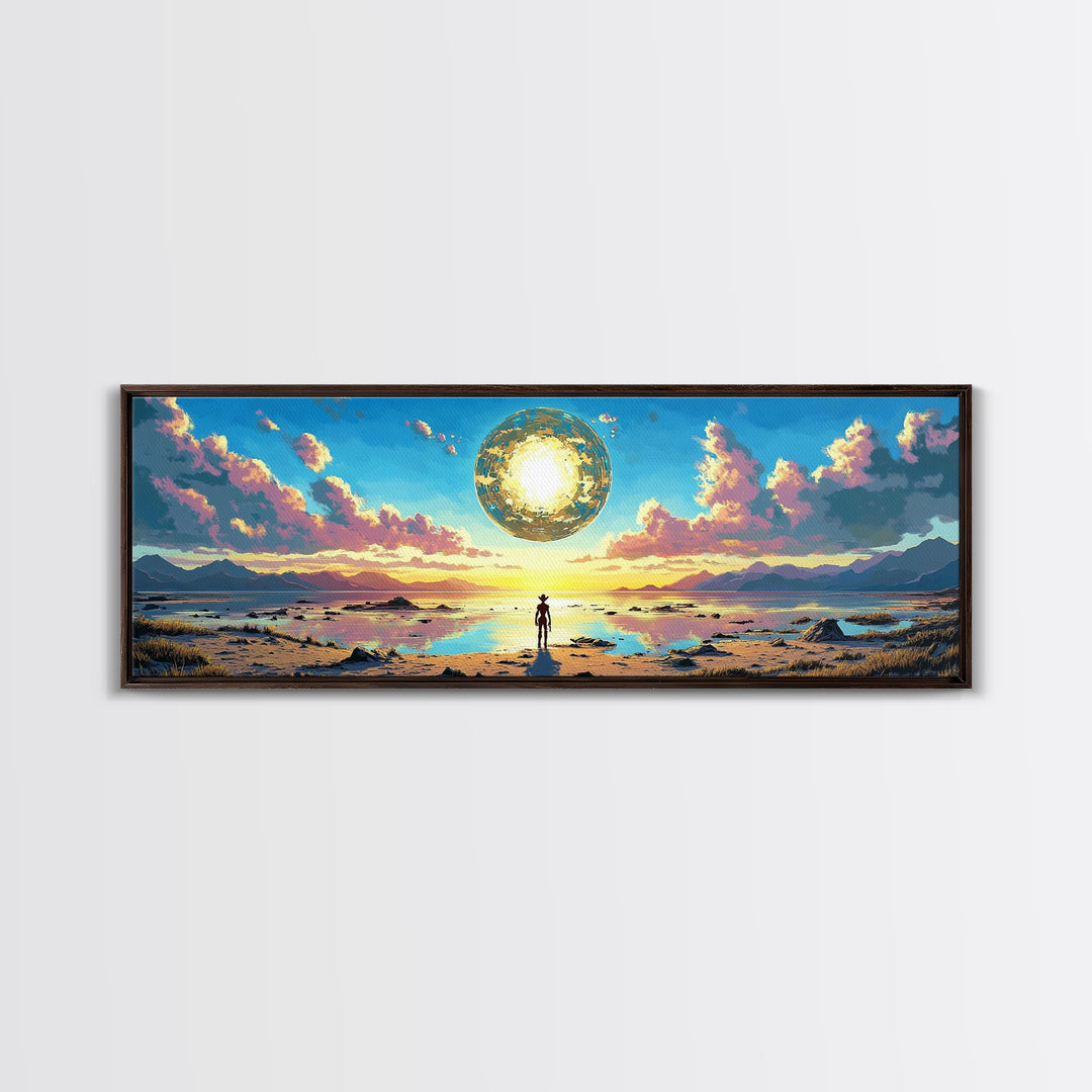 Golden Celestial Orb Wall Art, Panoramic Canvas Print, Modern Sci Fi Landscape, Surreal Art, Large Living Room Wall Decor