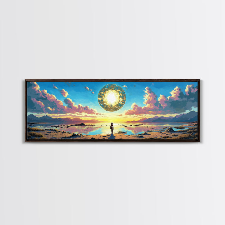 Golden Celestial Orb Wall Art, Panoramic Canvas Print, Modern Sci Fi Landscape, Surreal Art, Large Living Room Wall Decor