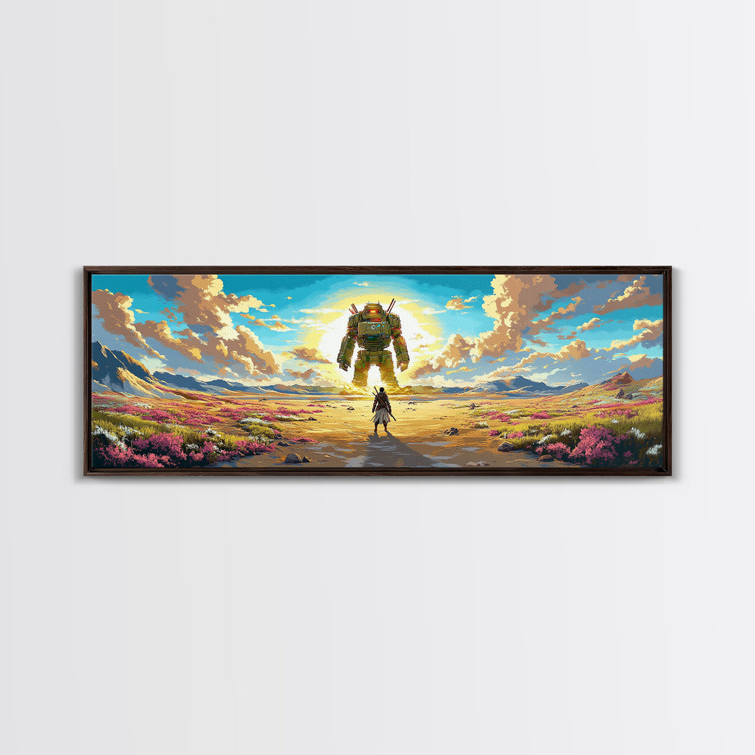 Colossal Mech And Wanderer Wall Art, Panoramic Canvas Print, Futuristic Landscape, Sci Fi Decor, Large Gaming Room Decor