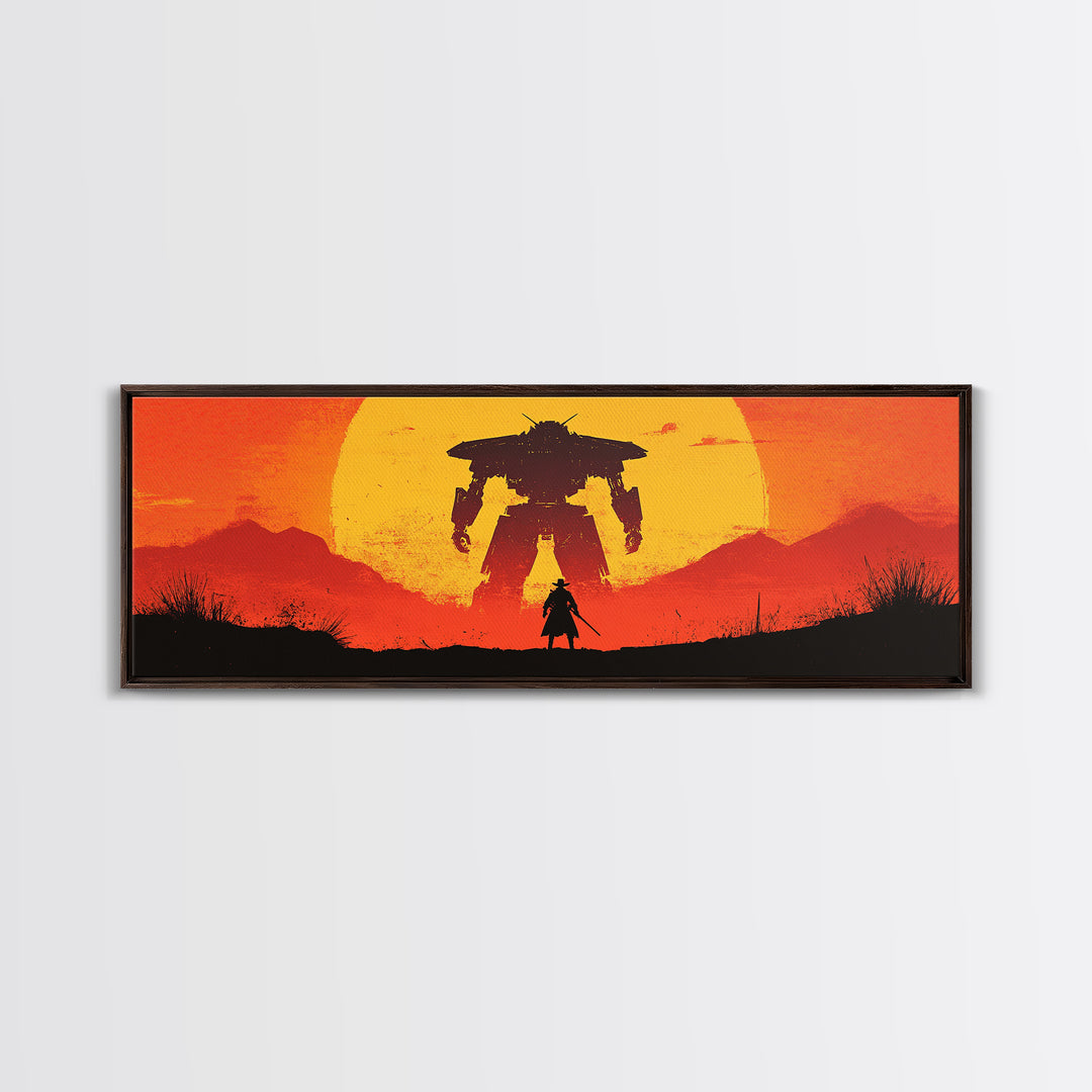 Samurai Facing Giant Mech At Orange Sunset Wall Art, Retro Sci Fi Fantasy Poster, Gaming Room Decor, Futuristic Canvas Print