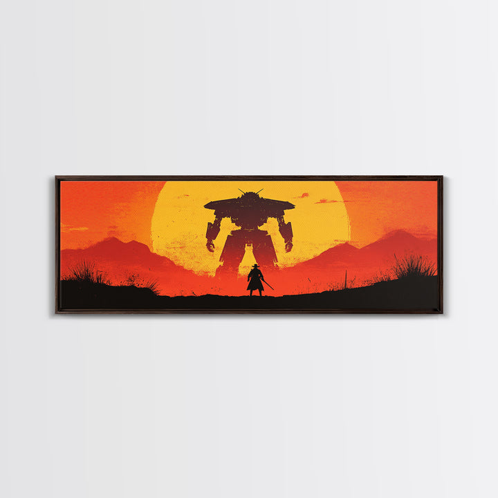 Samurai Facing Giant Mech At Orange Sunset Wall Art, Retro Sci Fi Fantasy Poster, Gaming Room Decor, Futuristic Canvas Print