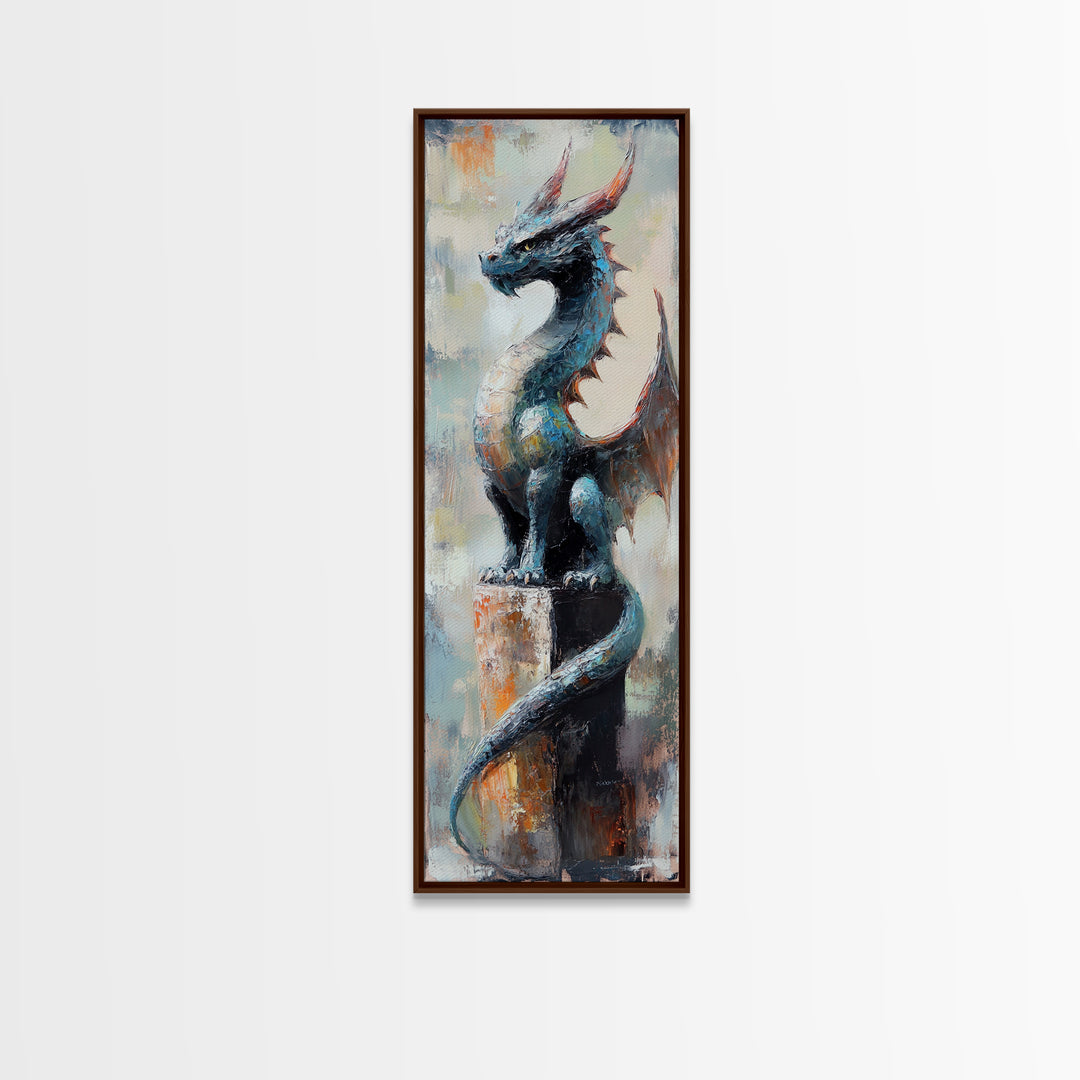 Blue Dragon Statue Canvas Print, Fantasy Wall Art, Gothic Fairy Tale Decor, Mythical Creature Art, Unique Gift For Gamer