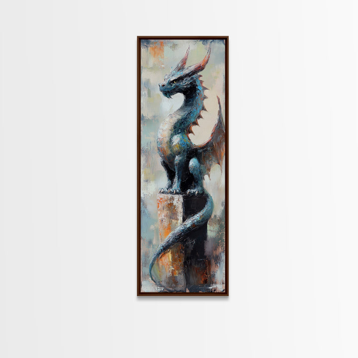 Blue Dragon Statue Canvas Print, Fantasy Wall Art, Gothic Fairy Tale Decor, Mythical Creature Art, Unique Gift For Gamer