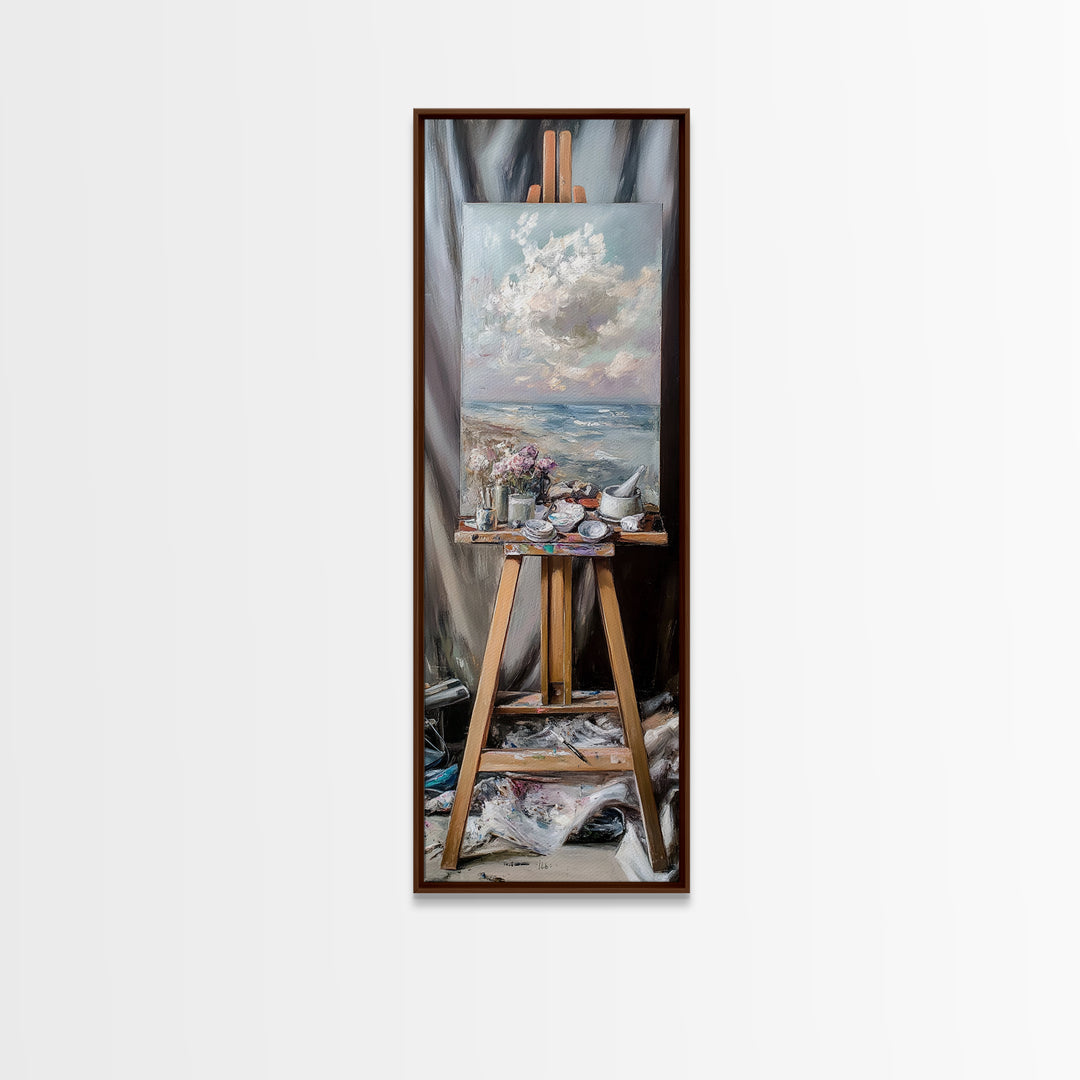 Seascape Painting On Studio Easel Framed Canvas Print, Coastal Wall Art, Artist Gift, Ocean Decor, Art Studio Home Decor