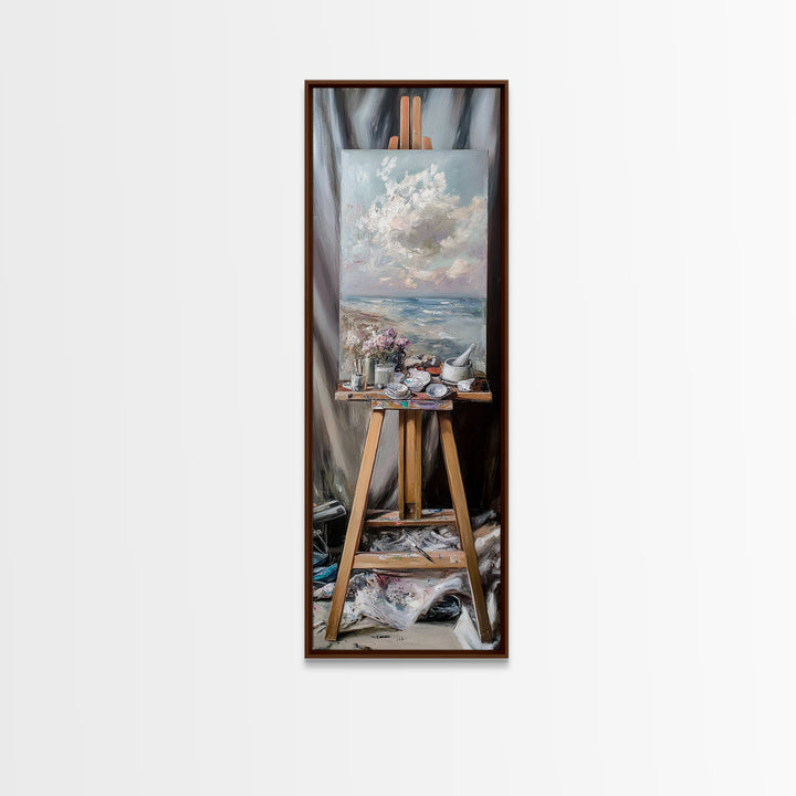 Seascape Painting On Studio Easel Framed Canvas Print, Coastal Wall Art, Artist Gift, Ocean Decor, Art Studio Home Decor
