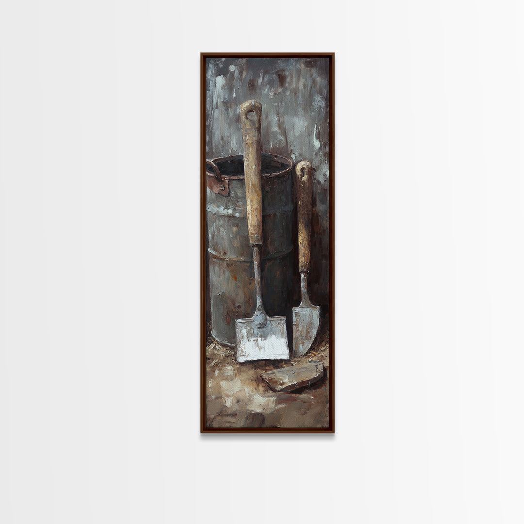 Rustic Shovels In Metal Bucket Canvas Print, Farmhouse Wall Decor, Garden Tool Still Life, Industrial Office Decor Gift For Him