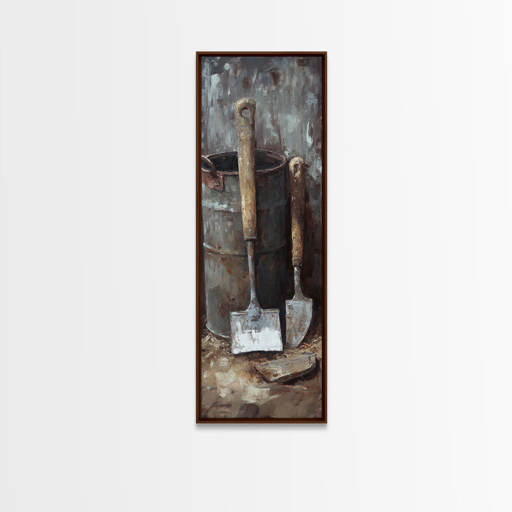 Rustic Shovels In Metal Bucket Canvas Print, Farmhouse Wall Decor, Garden Tool Still Life, Industrial Office Decor Gift For Him