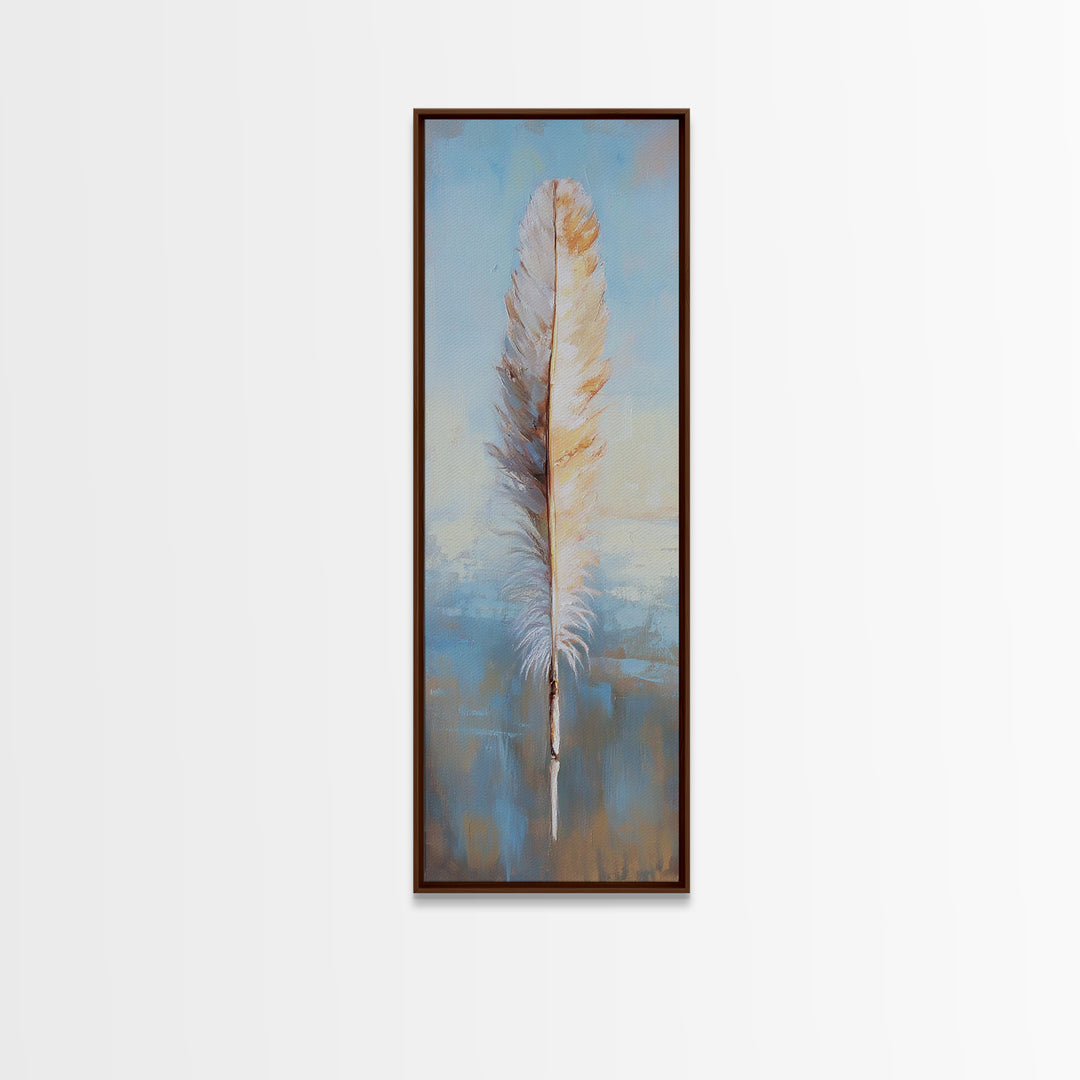 Single White Feather On Blue Horizon Wall Art, Minimalist Coastal Decor, Boho Nature Art Print, Calming Bedroom Decor Gift