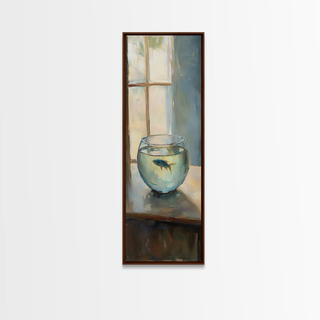 Goldfish Bowl By Window Canvas Print, Whimsical Animal Wall Art, Coastal Bathroom Decor, Kids Room Art, Unique Gift, Fish Painting