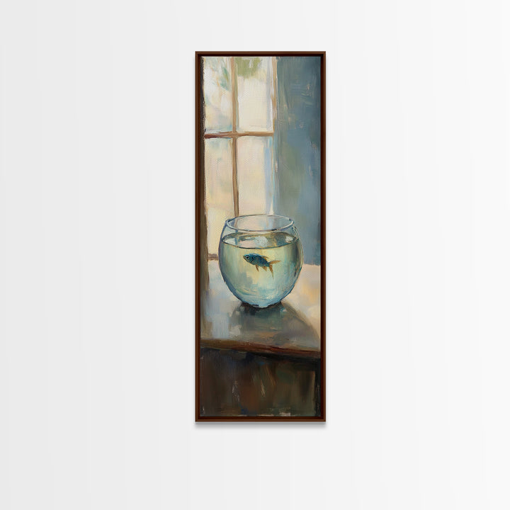 Goldfish Bowl By Window Canvas Print, Whimsical Animal Wall Art, Coastal Bathroom Decor, Kids Room Art, Unique Gift, Fish Painting