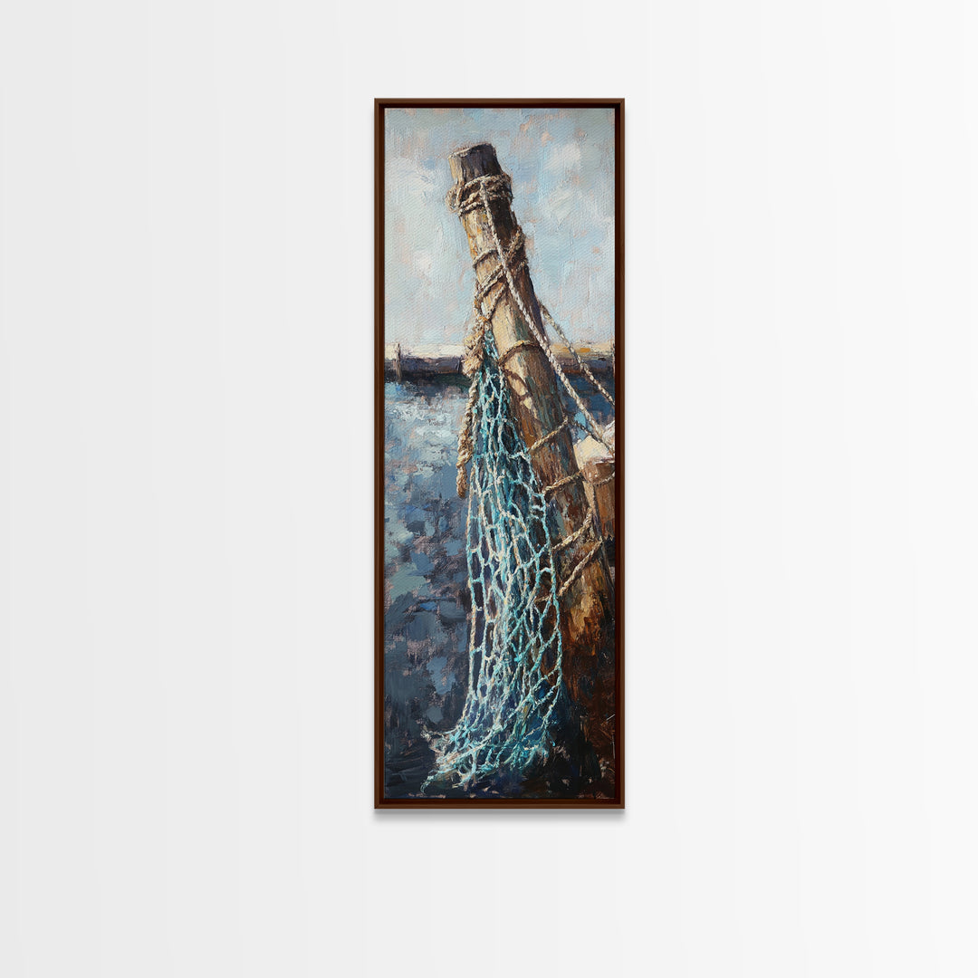 Weathered Dock Piling And Fishing Net Wall Art, Nautical Coastal Decor, Ocean Painting, Beach House Decor, Gift For Him, Lake House Art