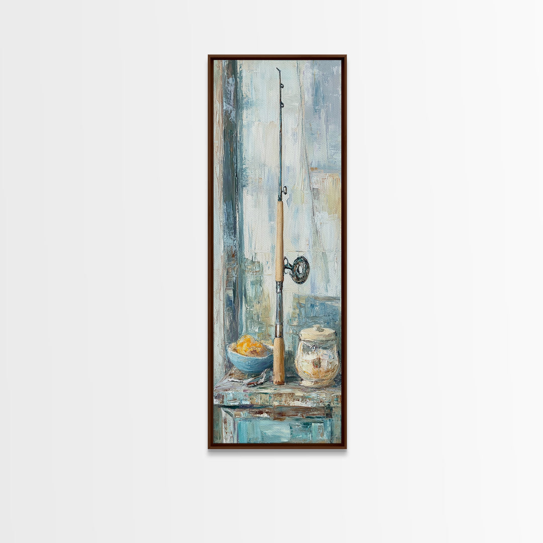 Fishing Rod Still Life Canvas Print, Rustic Lake House Wall Art, Cabin Decor, Angler Gift, Coastal Fishing Poster For Him