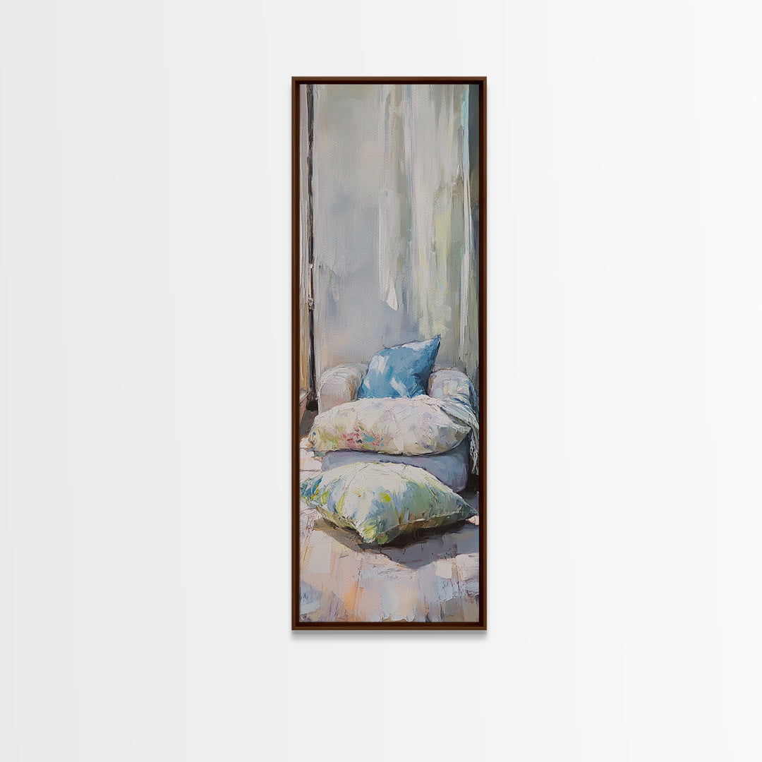 Cozy Window Pillows Framed Canvas Print, Soft Neutral Wall Art, Bedroom Decor, Above Bed Art, Guest Room Decor Gift For Her