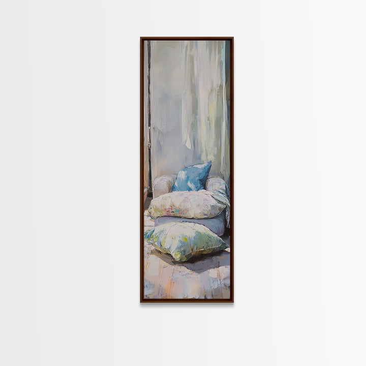 Cozy Window Pillows Framed Canvas Print, Soft Neutral Wall Art, Bedroom Decor, Above Bed Art, Guest Room Decor Gift For Her