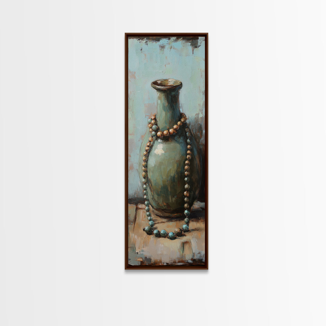 Turquoise Ceramic Vase With Beaded Necklace Canvas Print, Boho Wall Art, Still Life Painting, Eclectic Home Decor Gift For Her