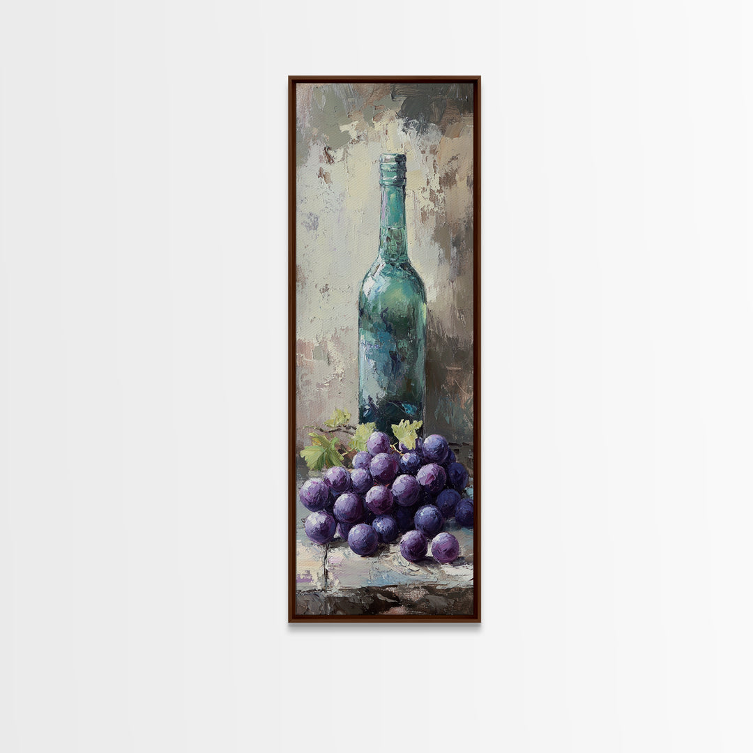 Teal Wine Bottle With Purple Grapes Canvas Print, Winery Wall Art, Rustic Kitchen Decor, Still Life Art For Dining Room Decor