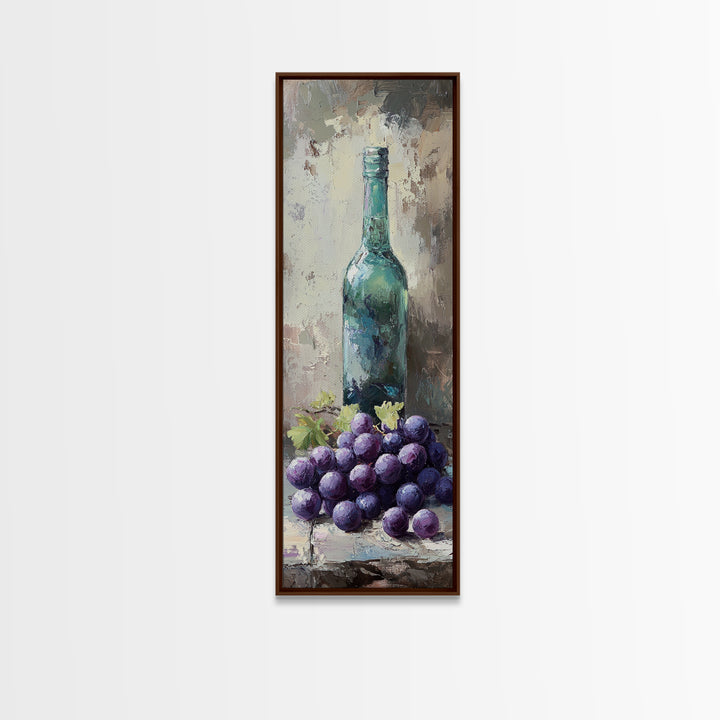 Teal Wine Bottle With Purple Grapes Canvas Print, Winery Wall Art, Rustic Kitchen Decor, Still Life Art For Dining Room Decor