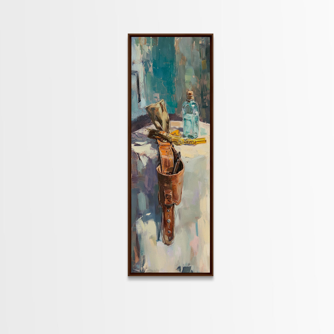 Leather Satchel And Blue Bottle Studio Still Life Framed Canvas Print, Rustic Wall Art, Office Decor, Gift For Him, Man Cave Decor