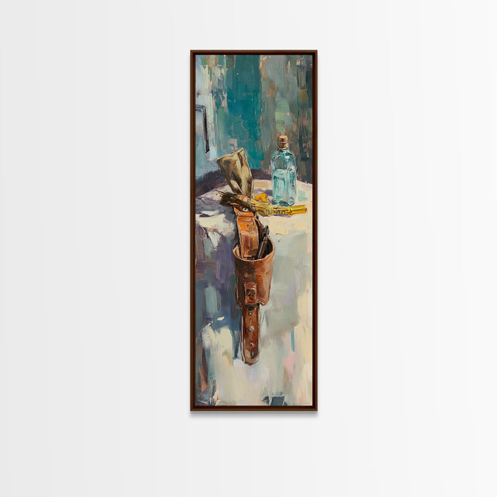 Leather Satchel And Blue Bottle Studio Still Life Framed Canvas Print, Rustic Wall Art, Office Decor, Gift For Him, Man Cave Decor