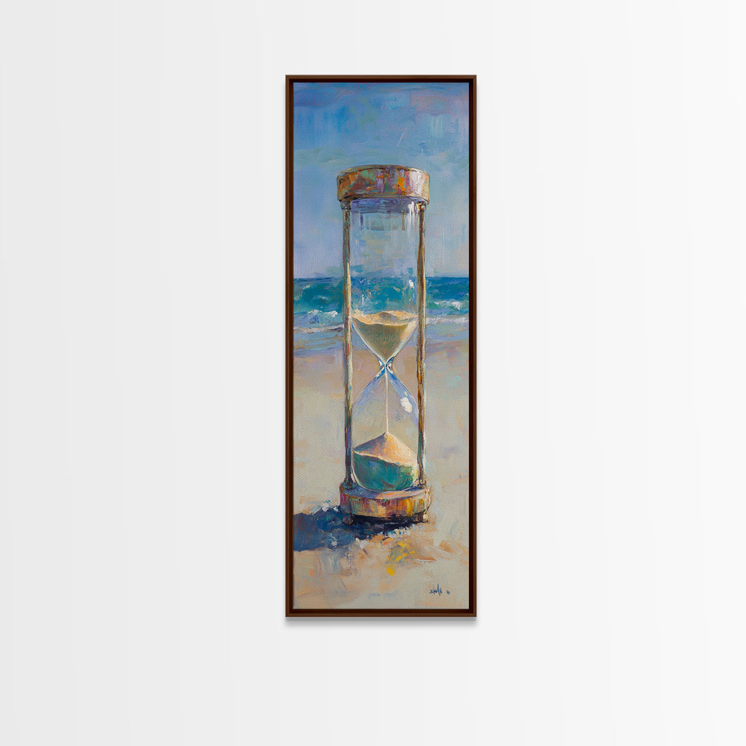 Beach Hourglass On Sandy Shore Canvas Print, Coastal Oil Painting, Nautical Ocean Wall Decor For Beach House Living Room
