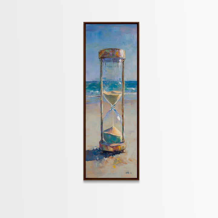 Beach Hourglass On Sandy Shore Canvas Print, Coastal Oil Painting, Nautical Ocean Wall Decor For Beach House Living Room