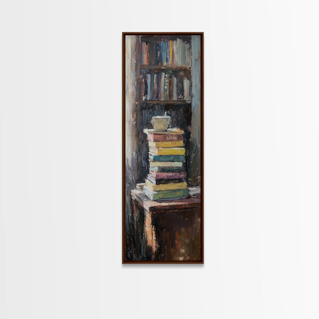 Stack Of Books And Coffee Mug Wall Art, Cozy Library Oil Painting Print, Book Lover Reading Nook Home Office Decor Gift For Readers