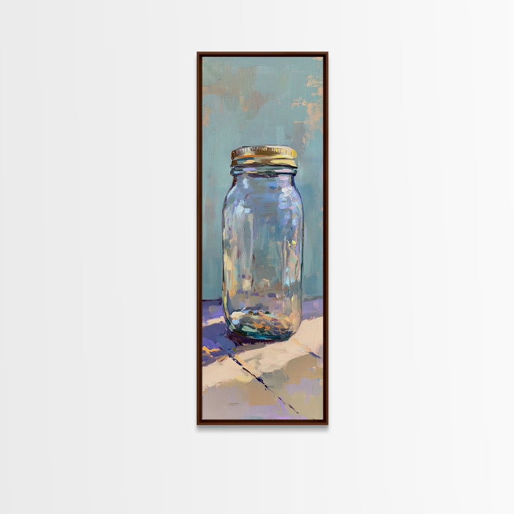 Clear Mason Jar On Blue Table Wall Art, Modern Rustic Still Life Oil Painting Print, Minimal Farmhouse Kitchen Home Decor Gift
