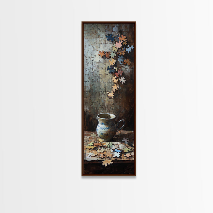 Floating Puzzle Pieces And Teacup Wall Art, Whimsical Still Life Oil Painting Print, Eclectic Game Room Home Decor Gift Idea