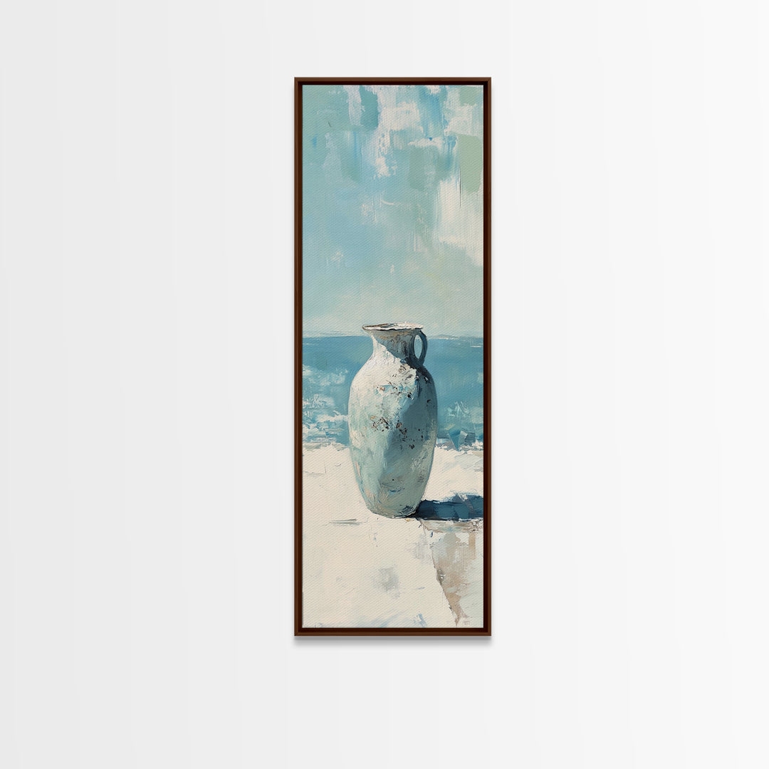 White Ceramic Vase By The Sea Canvas Print, Coastal Wall Art, Minimalist Ocean Decor, Beach House Living Room Art, Neutral Home Decor