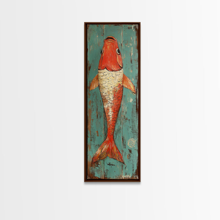 Red Koi Fish On Turquoise Wood Wall Art, Nautical Coastal Canvas Print, Rustic Beach House Decor, Ocean Lover Gift For Him