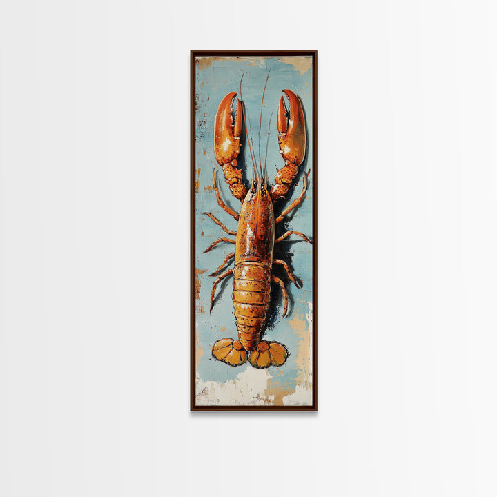 Orange Lobster On Weathered Blue Wall Art, Coastal Kitchen Decor, Nautical Canvas Print, Seafood Wall Decor, Beach House Gift