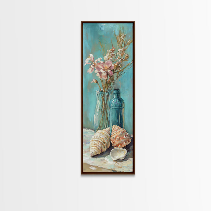 Coastal Seashells And Blue Bottles Wall Art, Beach Canvas Print, Nautical Decor, Ocean Wall Art, Beach House Gift For Her