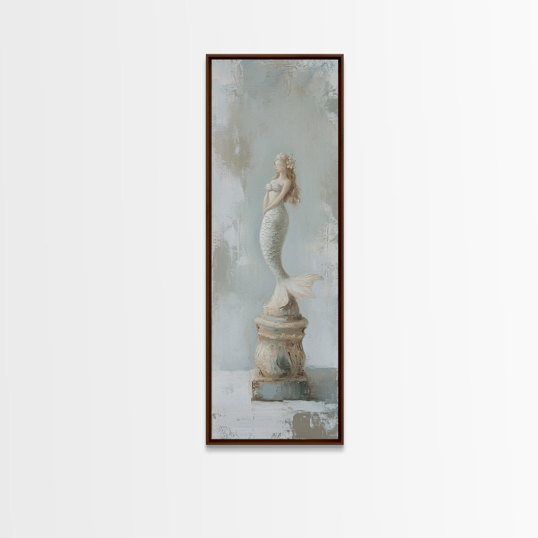 White Mermaid Statue Coastal Wall Art, Nautical Bathroom Canvas Print, Beach House Decor, Feminine Fantasy Gift For Her Home