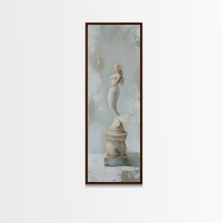 White Mermaid Statue Coastal Wall Art, Nautical Bathroom Canvas Print, Beach House Decor, Feminine Fantasy Gift For Her Home