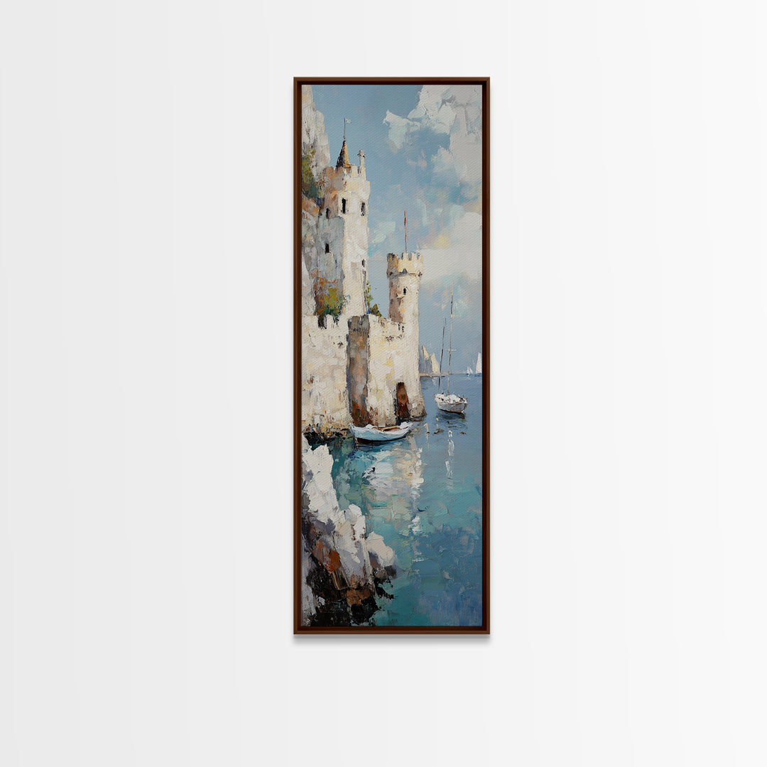 Seaside Castle With Sailboats Canvas Print, Coastal Wall Art, Mediterranean Decor, Lake Como Art, Nautical Living Room Decor