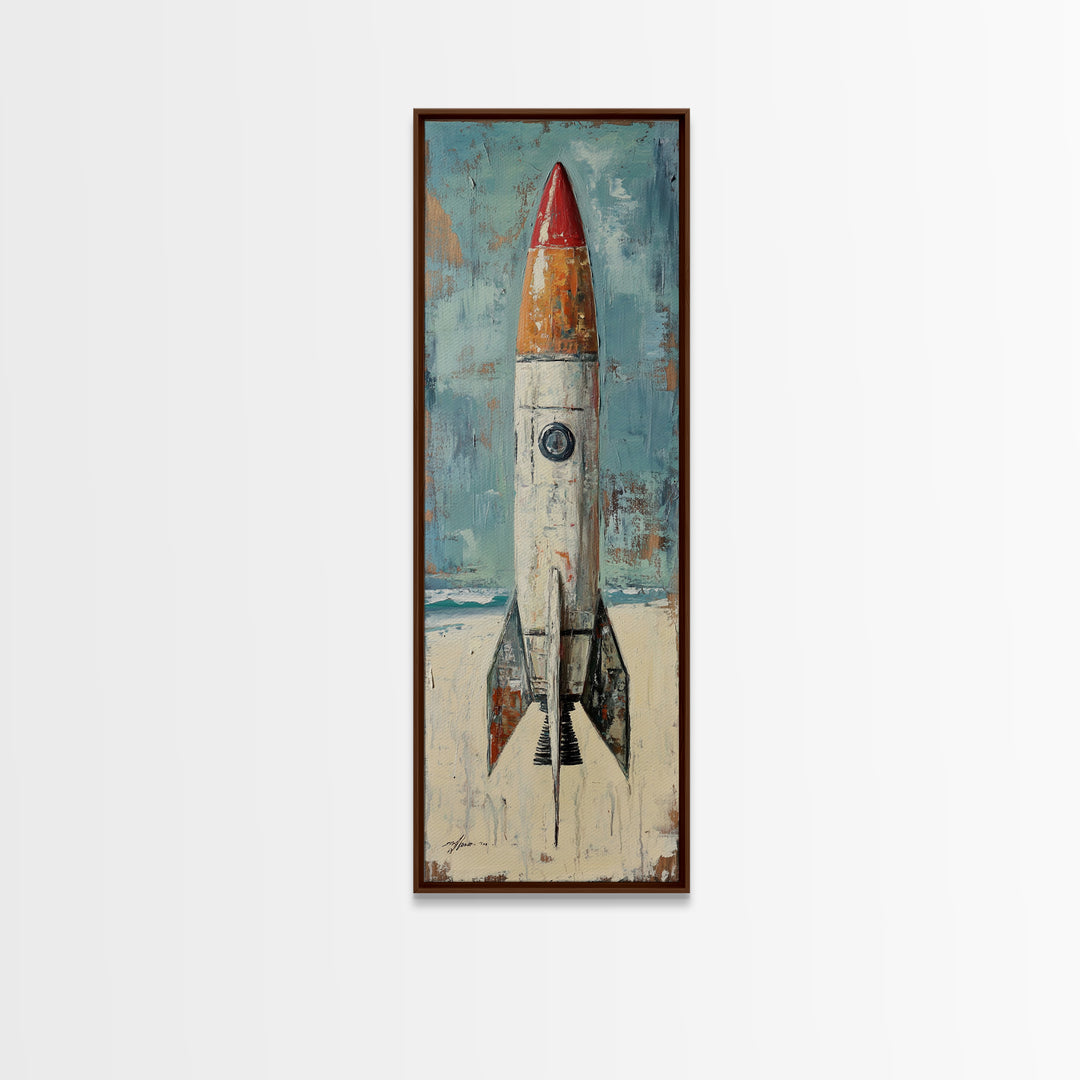 Retro Red Rocket Ship Canvas Print, Space Wall Art, Futuristic Wall Decor, Kids Room Decor, Sci Fi Nursery Art Gift For Boys