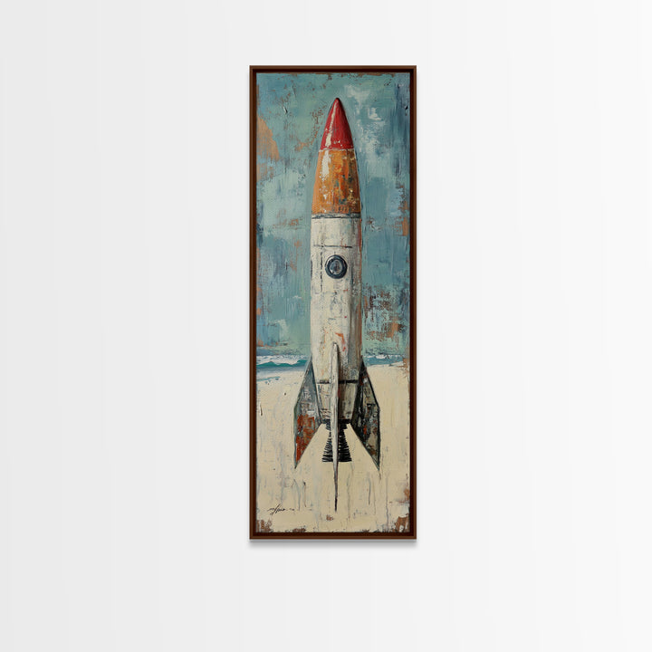 Retro Red Rocket Ship Canvas Print, Space Wall Art, Futuristic Wall Decor, Kids Room Decor, Sci Fi Nursery Art Gift For Boys